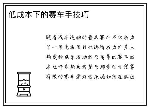 低成本下的赛车手技巧