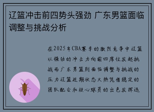 辽篮冲击前四势头强劲 广东男篮面临调整与挑战分析