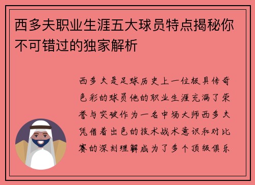 西多夫职业生涯五大球员特点揭秘你不可错过的独家解析