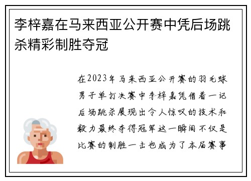 李梓嘉在马来西亚公开赛中凭后场跳杀精彩制胜夺冠