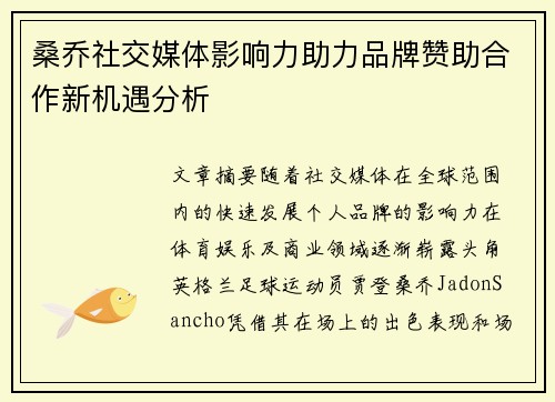 桑乔社交媒体影响力助力品牌赞助合作新机遇分析